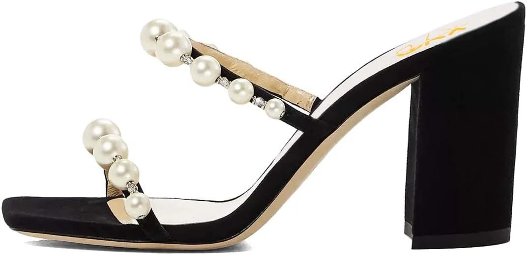 XYD Women Square Open Toe Pearls Embellished Dual Straps Slides Sandals Slip On Low/High Chunky Block Heel Chic Mules Summer Resort Outdoor Party Shoes