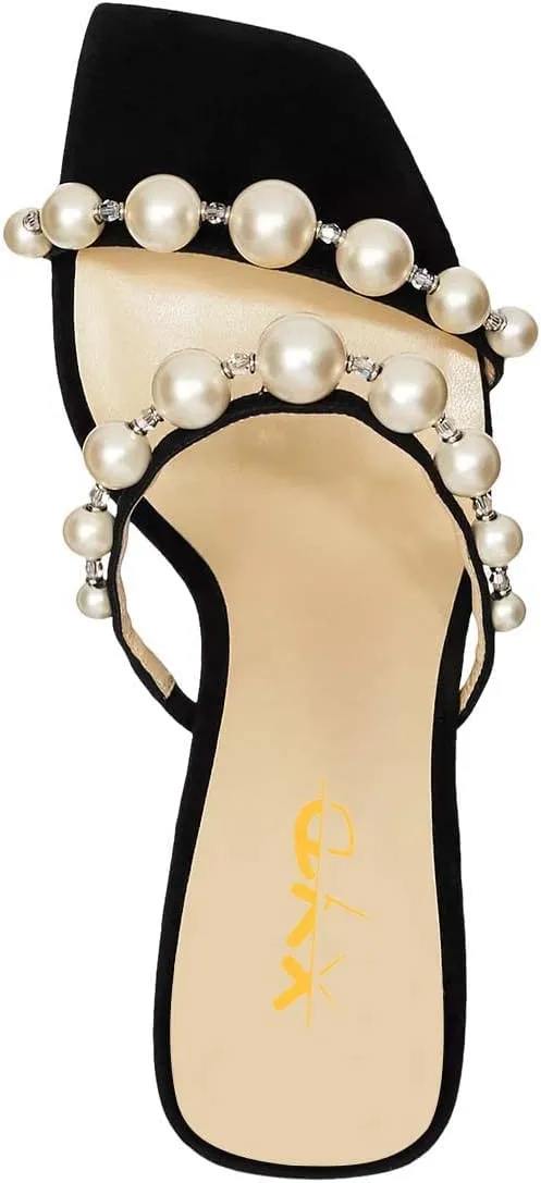 XYD Women Square Open Toe Pearls Embellished Dual Straps Slides Sandals Slip On Low/High Chunky Block Heel Chic Mules Summer Resort Outdoor Party Shoes