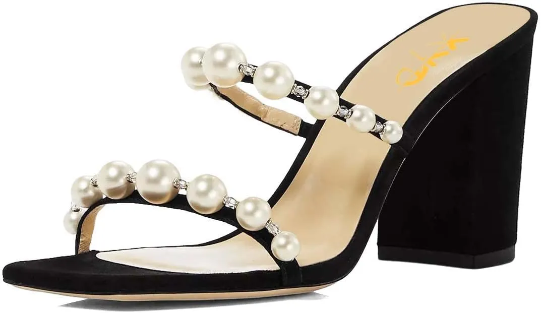 XYD Women Square Open Toe Pearls Embellished Dual Straps Slides Sandals Slip On Low/High Chunky Block Heel Chic Mules Summer Resort Outdoor Party Shoes