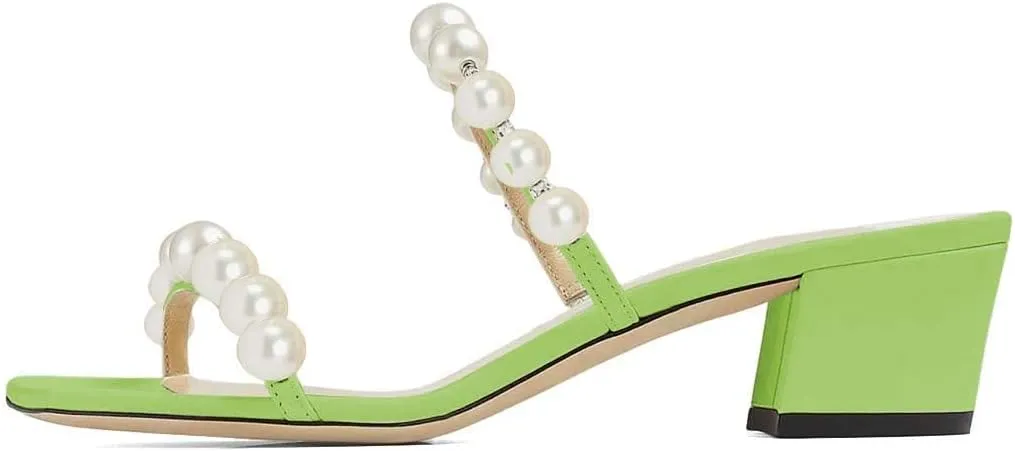 XYD Women Square Open Toe Pearls Embellished Dual Straps Slides Sandals Slip On Low/High Chunky Block Heel Chic Mules Summer Resort Outdoor Party Shoes