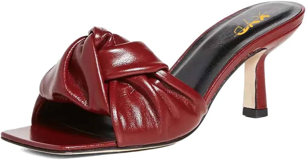 XYD Women's Square Open Toe Kitten Heel Slides Sandals Mid Heels Mules Slip On Fashion Knot Dress Party Summer Shoes
