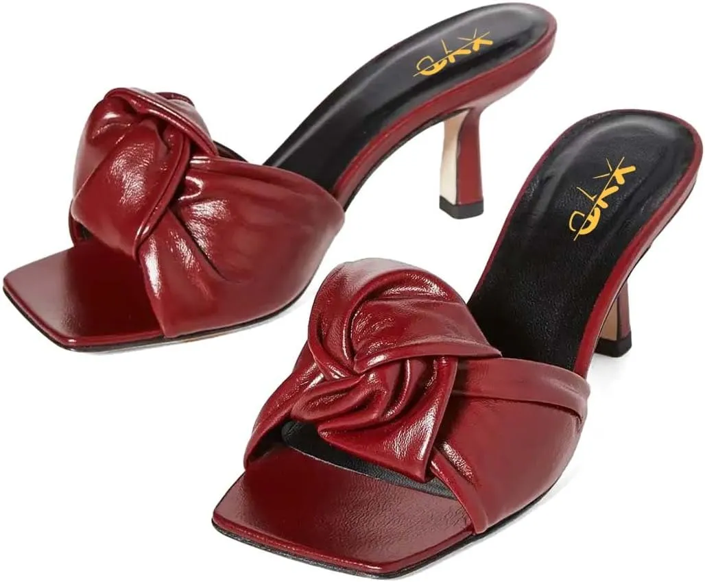 XYD Women's Square Open Toe Kitten Heel Slides Sandals Mid Heels Mules Slip On Fashion Knot Dress Party Summer Shoes