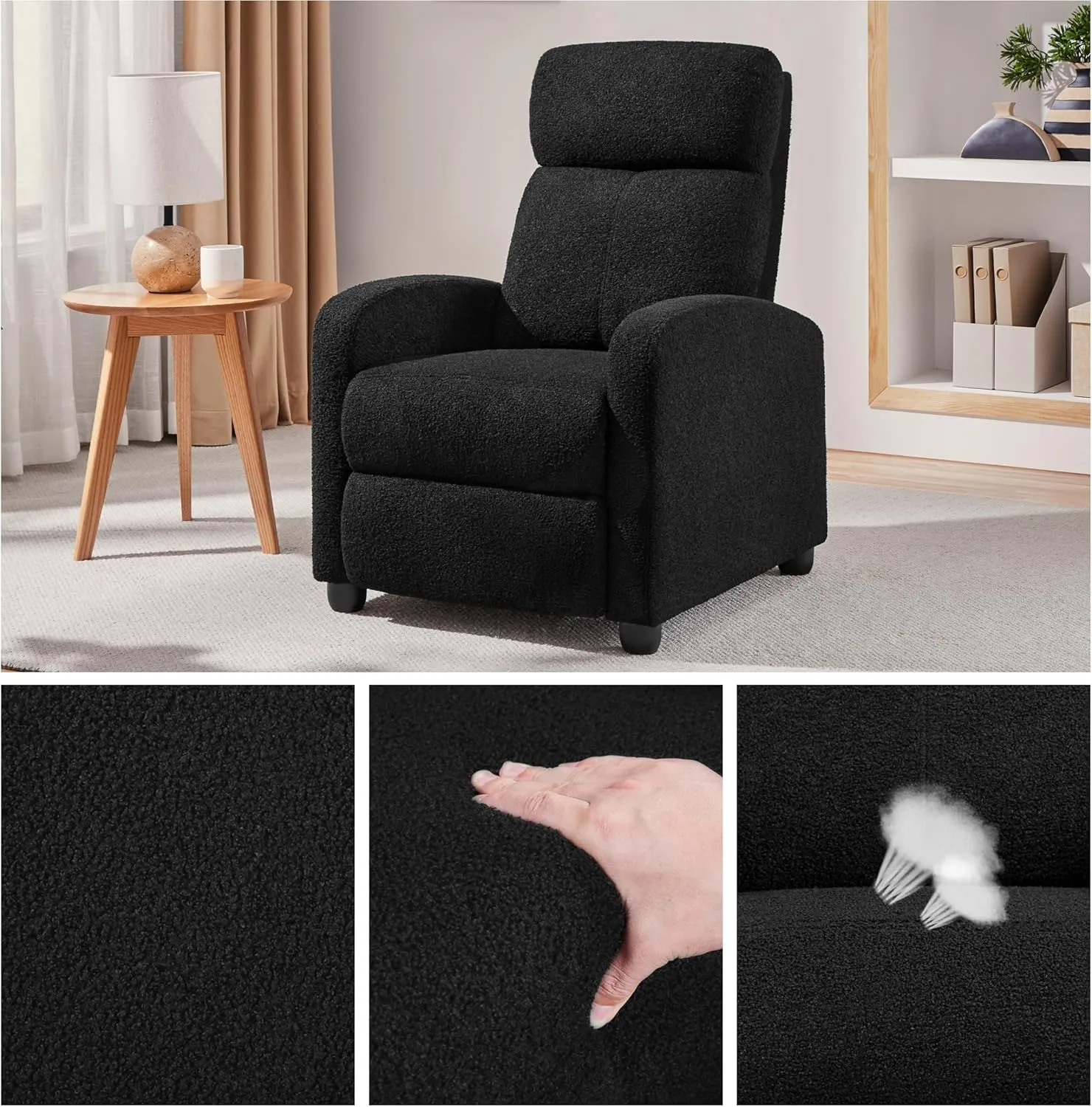 Yaheetech Boucle Recliner Chair Single Sofa Home Theater Seating Adjustable Modern Single Reclining Chair for Living Room Bedroom Home Theater Black