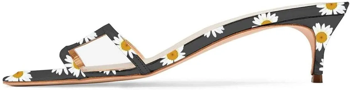 YDN Women's Square Open Toe Low Kitten Heels Slide Sandals Cutout Mules Pumps Summer Party Dress Shoes