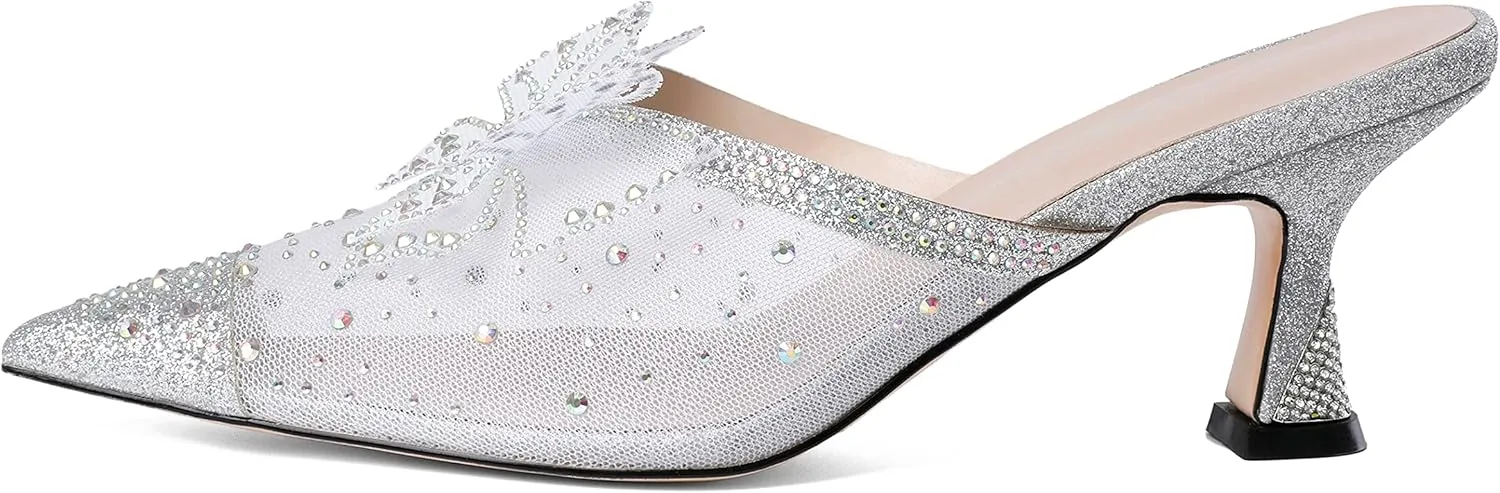 Zamikoo Women's Mule Sandals with Rhinestone, Pointed Toe Slip On Kitten Heel Sandals, Low Heel Mules with Bow, Sparkly Glitter Dress Mesh Pump Shoes for Summer