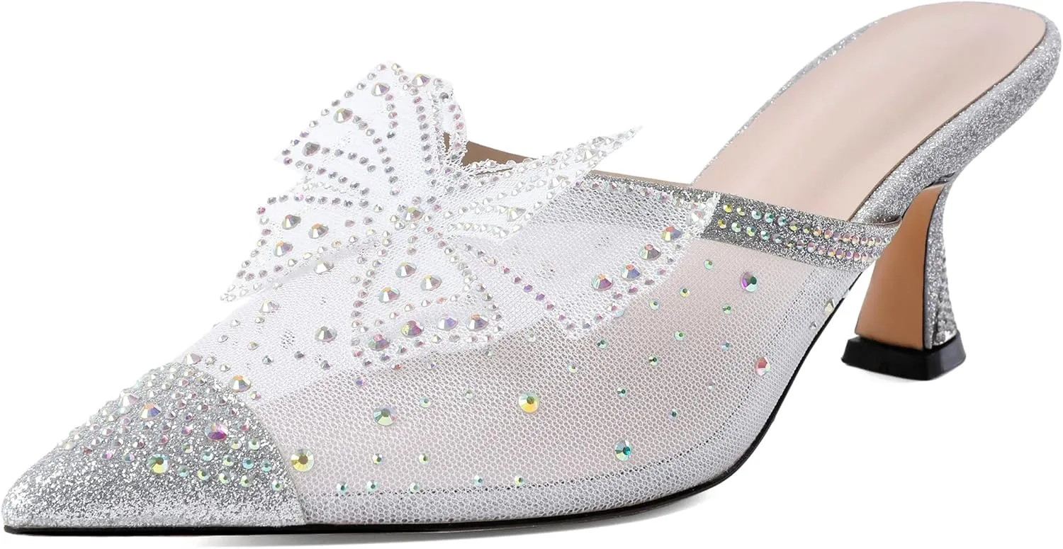 Zamikoo Women's Mule Sandals with Rhinestone, Pointed Toe Slip On Kitten Heel Sandals, Low Heel Mules with Bow, Sparkly Glitter Dress Mesh Pump Shoes for Summer