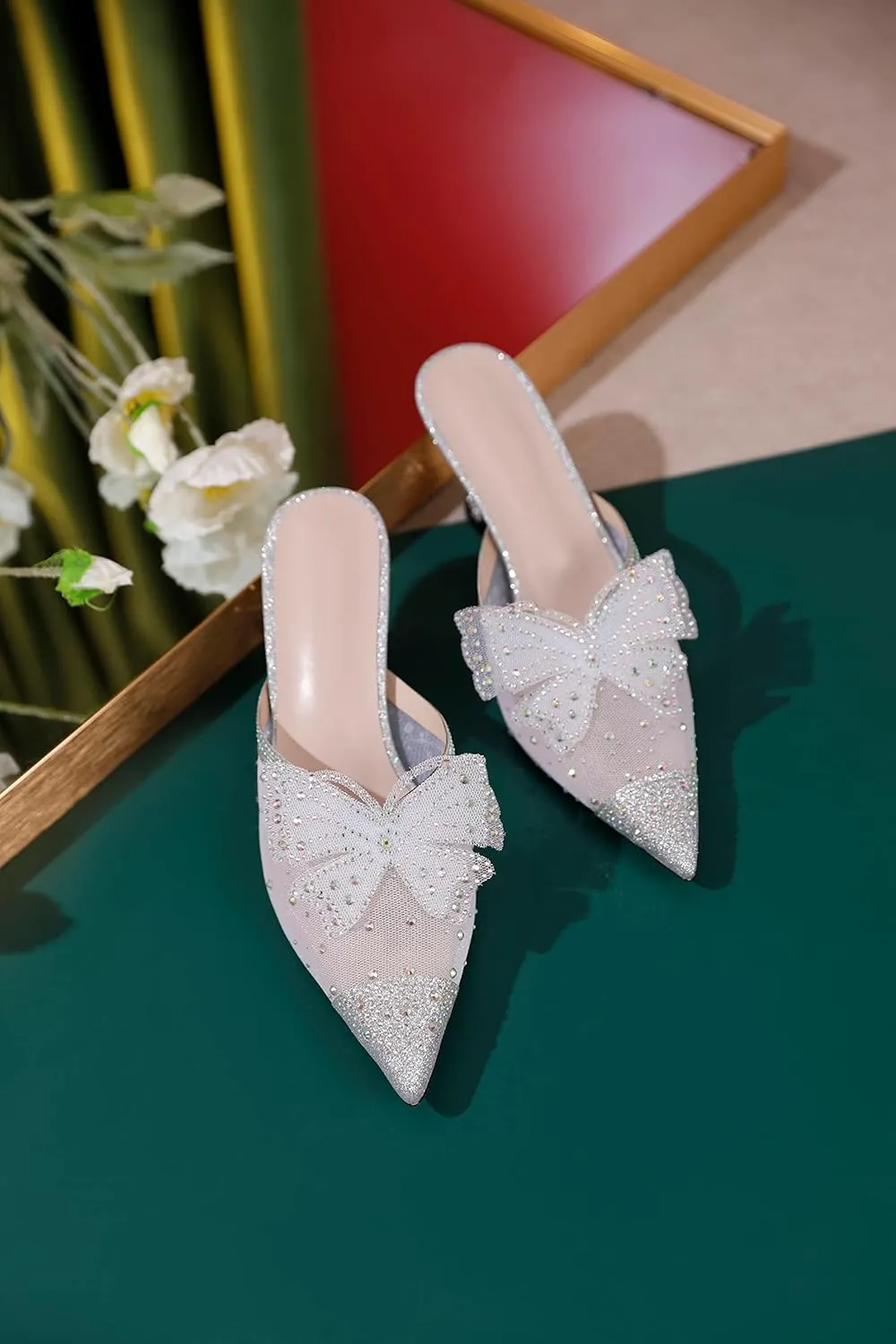 Zamikoo Women's Mule Sandals with Rhinestone, Pointed Toe Slip On Kitten Heel Sandals, Low Heel Mules with Bow, Sparkly Glitter Dress Mesh Pump Shoes for Summer