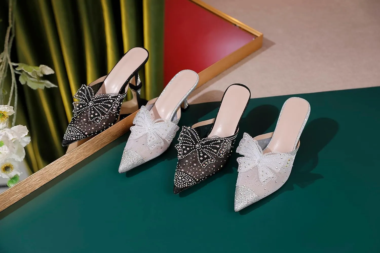 Zamikoo Women's Mule Sandals with Rhinestone, Pointed Toe Slip On Kitten Heel Sandals, Low Heel Mules with Bow, Sparkly Glitter Dress Mesh Pump Shoes for Summer