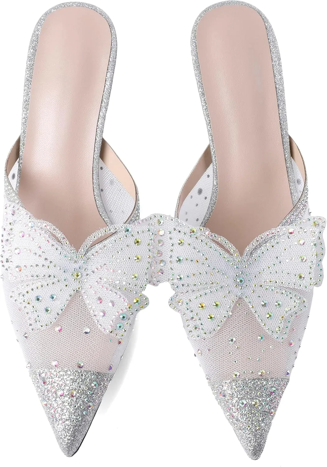 Zamikoo Women's Mule Sandals with Rhinestone, Pointed Toe Slip On Kitten Heel Sandals, Low Heel Mules with Bow, Sparkly Glitter Dress Mesh Pump Shoes for Summer
